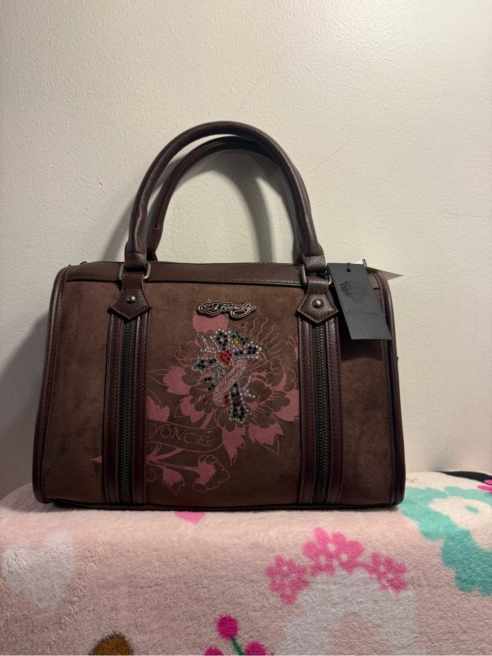 Ed Hardy Brown Satchel Purse with gothic charm and cross NWT